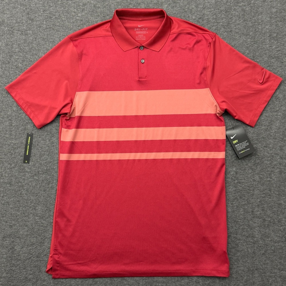 Nike Polo Shirt Mens Medium Tall MT Red Vapor Stripe Standard‎ Dri Fit Golf NWT